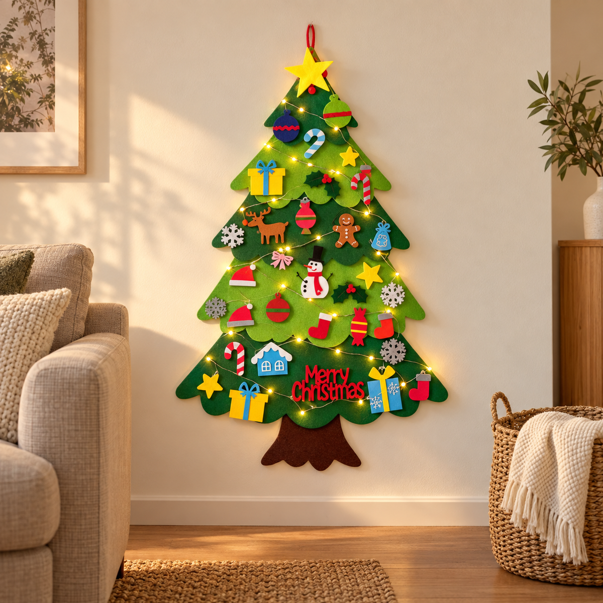 Pack Navidad: árbol de fieltro con 32 adornos + tira LED