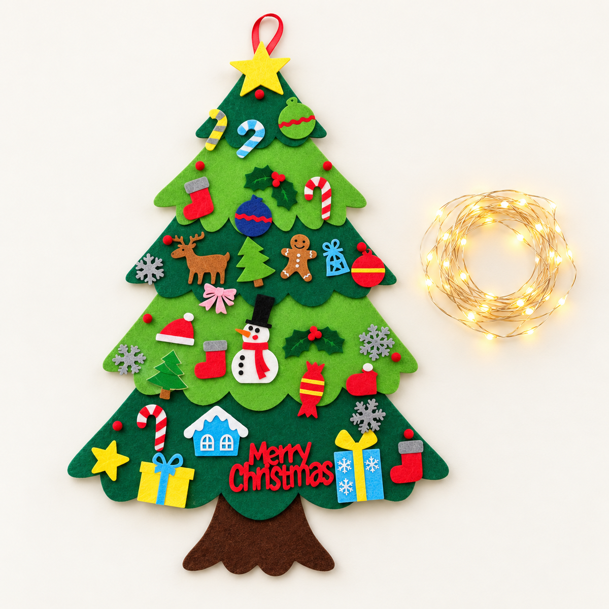 Pack Navidad: árbol de fieltro con 32 adornos + tira LED