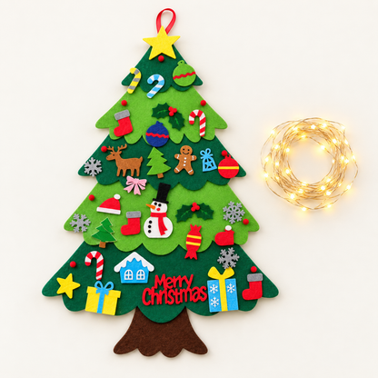 Pack Navidad: árbol de fieltro con 32 adornos + tira LED